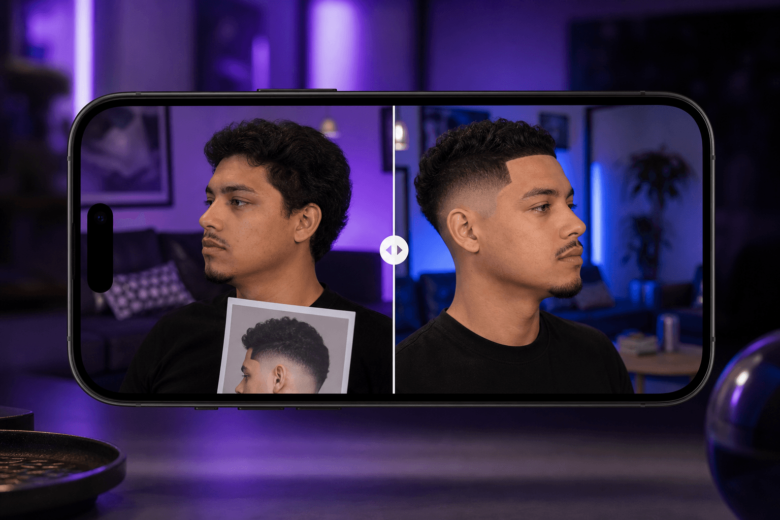 Style Vault before-and-after haircut comparison on iPhone