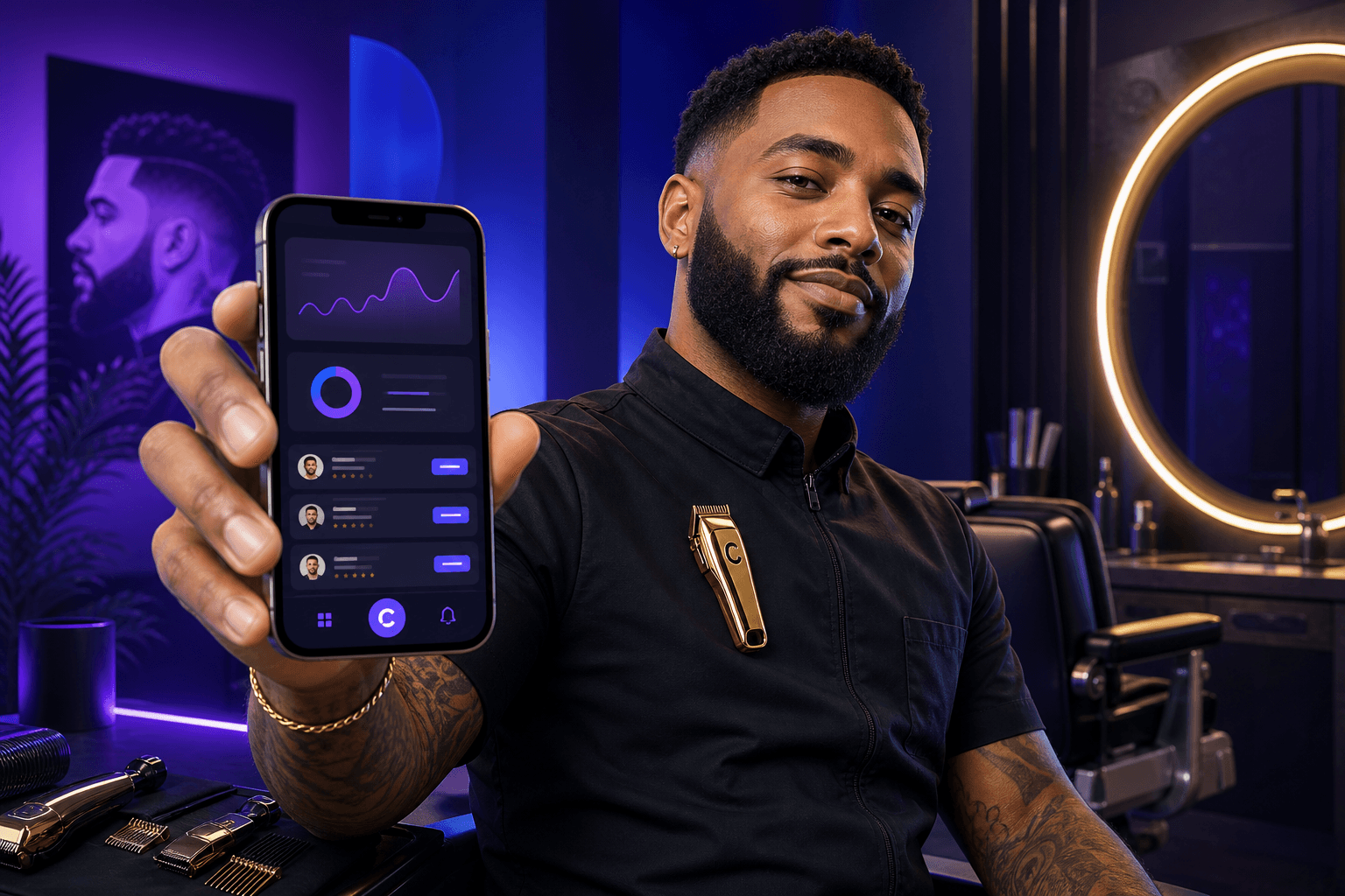 Professional barber managing jobs on Clyp
